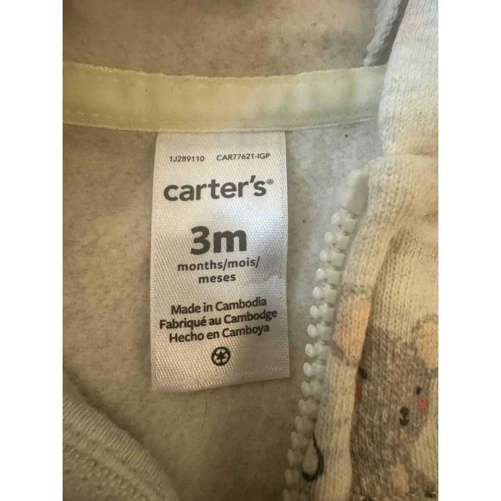 Carters Baby Girl 3‎ Months Jacket Hoodie Top Full Zip Sweatshirt Animals Mouse